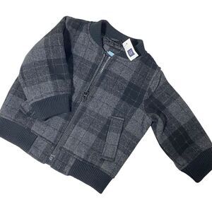 New BABY GAP Wool Blend 12-18 Months GRAY Black PLAID Jacket Zip BOYS